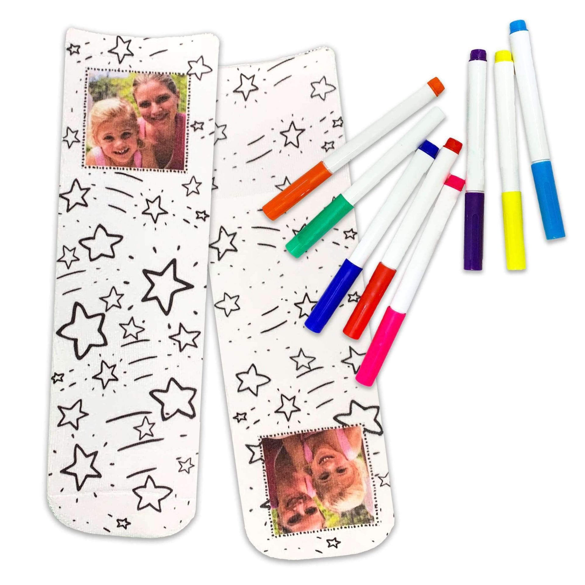 Cute coloring book style design custom printed and personalized with your own photo digitally printed on the cotton crew socks are the perfect gift for your little sister, free fabric markers included.