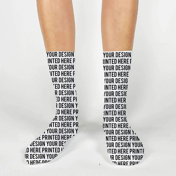 Custom printed socks designed by you with your own text custom printed on the cotton crew socks make a fun way to tell someone something.