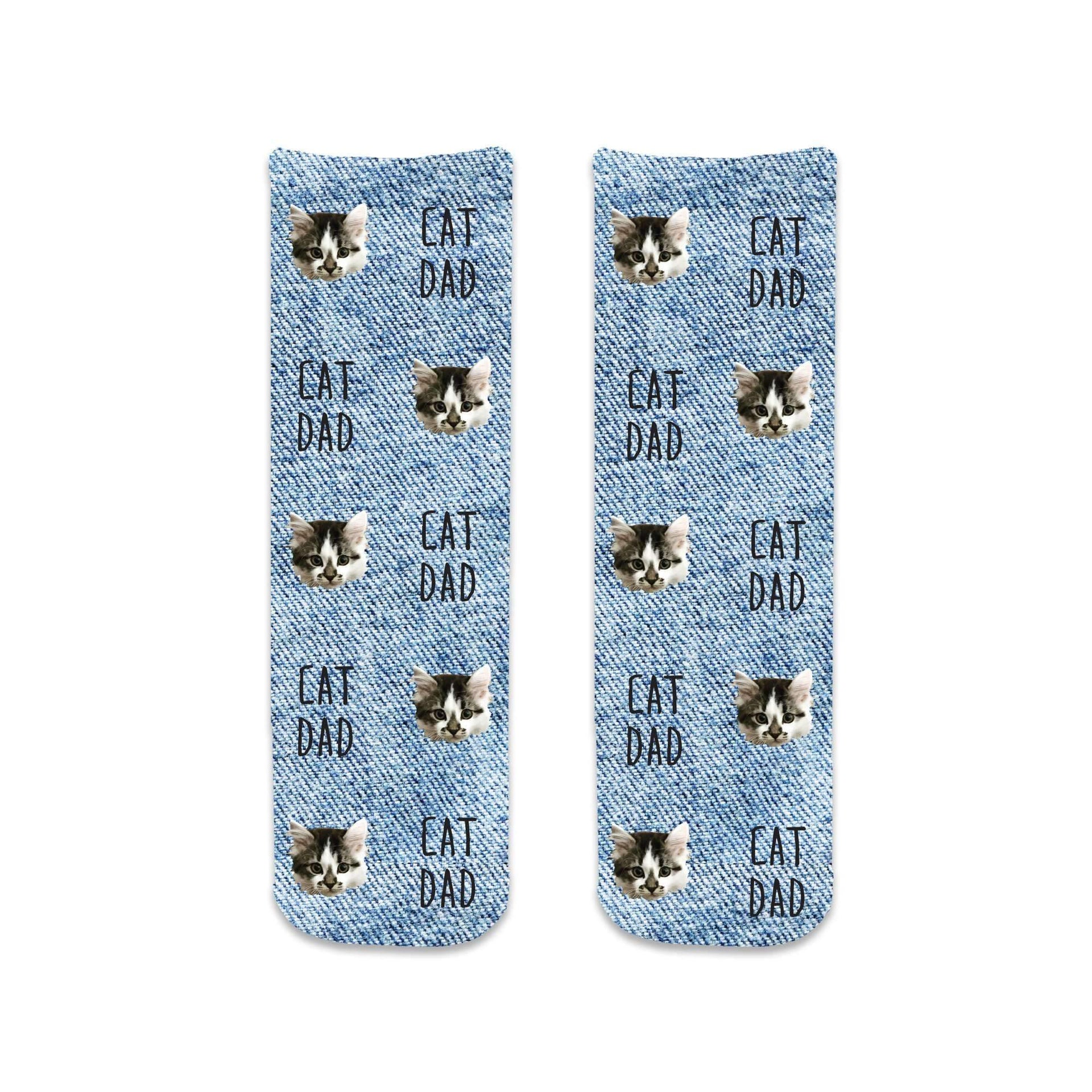Custom cat face socks for the cat Dad, custom printed on short cotton crew socks makes a great gift.