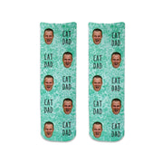Custom printed cat dad and your cats photo face digitally printed on short crew socks.