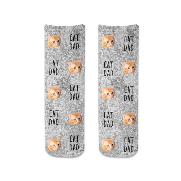 Gray wash background design digitally printed with a photo of your pets face and text digitally printed on short crew socks.