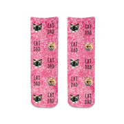 Custom printed photo face socks for the cat Dad with a pink wash background design.