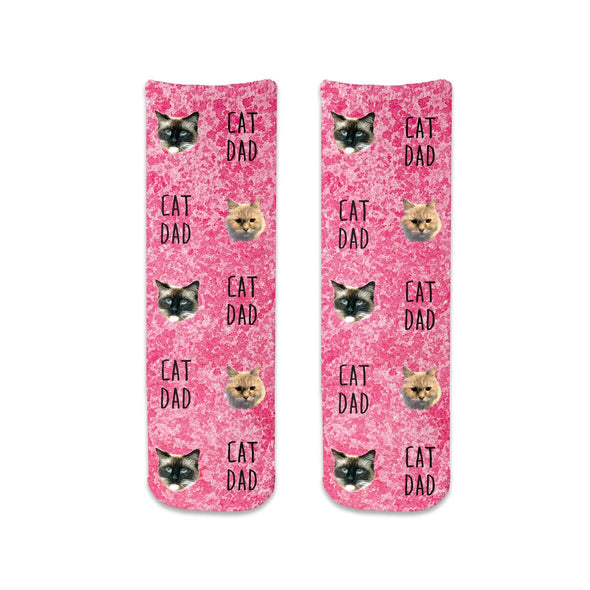 Custom printed photo face socks for the cat Dad with a pink wash background design.