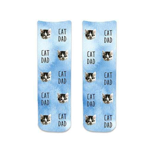 Cat Dad printed with your cats photo face on a blue wash background design digitally printed on short crew socks.