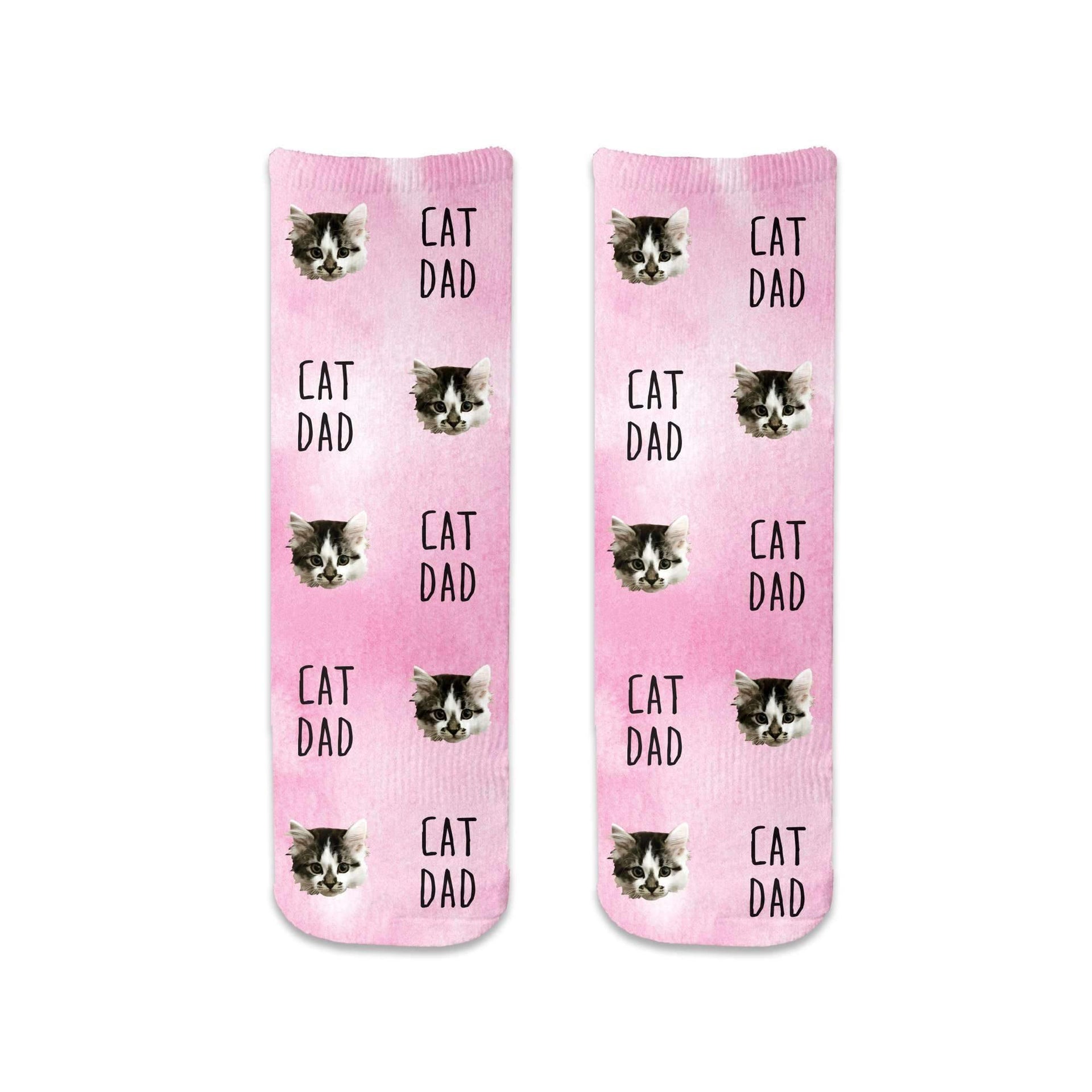 Pink wash background and text with a photo of your pets face digitally printed on short crew socks.