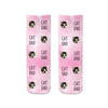 Pink wash background and text with a photo of your pets face digitally printed on short crew socks.