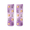 Purple wash background design with your pets face and text digitally printed on short crew socks.