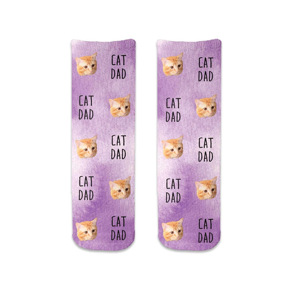 Purple wash background design with your pets face and text digitally printed on short crew socks.