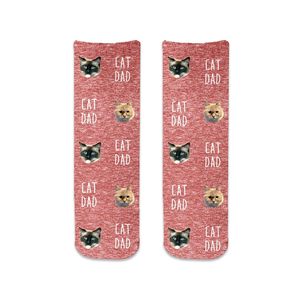 Red granular background design with a photo face and text digitally printed in a full print on short crew socks.