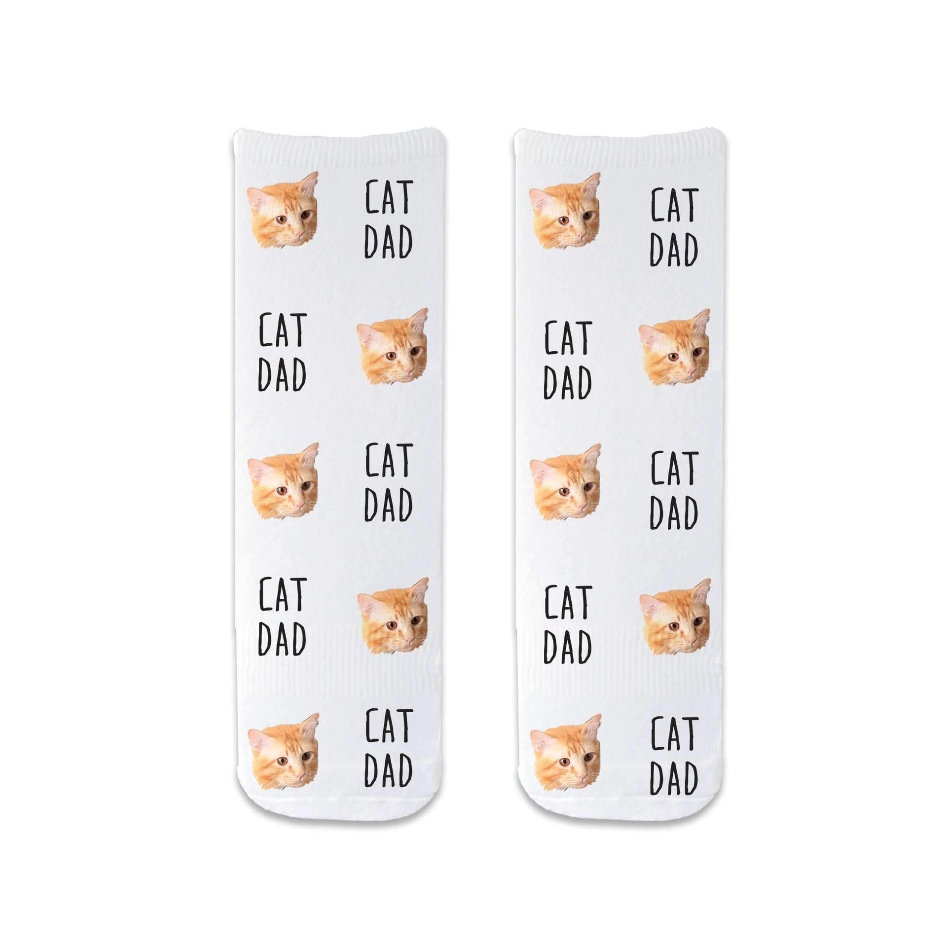 Cat Dad text and your pets photo face digitally printed all over the short cotton crew socks.