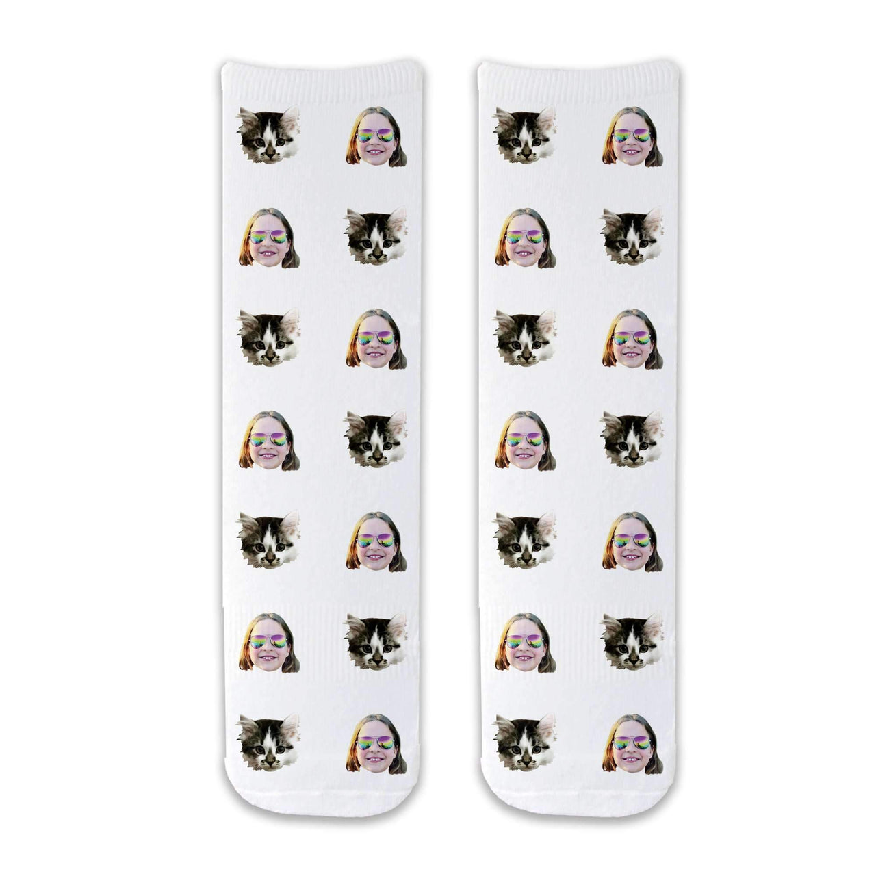 Adorable custom cat photo socks personalized using your photos printed all over the cotton crew socks on white background.