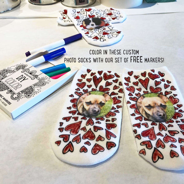 Custom color in photo socks with hearts digitally printed on no show socks.