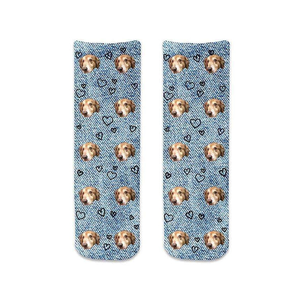Create the perfect gift for your special person personalized with your photo added to this custom photo face sock with heart design printed with background style you select like this denim background.