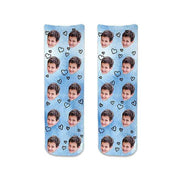 Add your photo to this custom photo sock with heart design and blue wash background is the perfect pair of socks to give out as favors at your Bar Mitzvah.