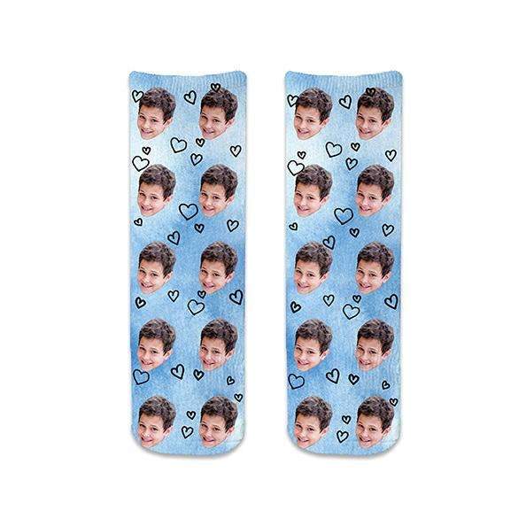 Add your photo to this custom photo sock with heart design and blue wash background is the perfect pair of socks to give out as favors at your Bar Mitzvah.