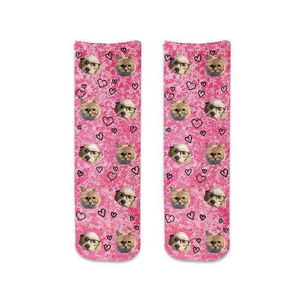 Add your own photo to this stylish custom printed crew sock with heart design and fuchsia wash background is the perfect pair of socks to show support for breast cancer awareness.