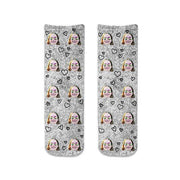 Add your photo to design and create your own custom printed cotton crew socks with all over heart and faces design and light gray speckle background