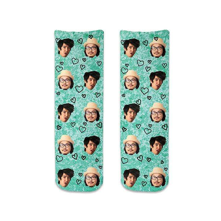 Add your photo to this custom designed and digitally printed on cotton crew socks, with heart design and green background selection.