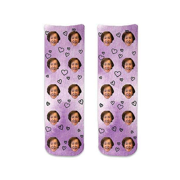 Add your photo to this custom photo sock with heart design and purple wash background is the perfect gift for your Grandma at Xmas.