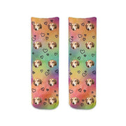 Add your photo to this custom photo sock with heart design and rainbow background is the perfect pair of socks to wear to the pride festival and show support for all your loved ones!