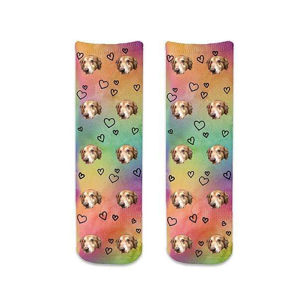 Add your photo to this custom photo sock with heart design and rainbow background is the perfect pair of socks to wear to the pride festival and show support for all your loved ones!