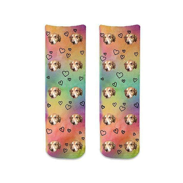 Add your photo to this custom photo sock with heart design and rainbow background is the perfect pair of socks to wear to the pride festival and show support for all your loved ones!