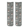 Cute dark gray speckle background design custom printed on unisex adult cotton crew socks personalized using your own photo face cropped into the design and printed on cotton crew socks.