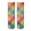 Totally cute rainbow wash background design custom printed on cotton crew socks and personalized using your own photo faces cropped into the design makes a unique gift.