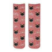 Cute cotton crew socks with a red granular printed background personalized with your photo face cropped into the design and printed on socks.