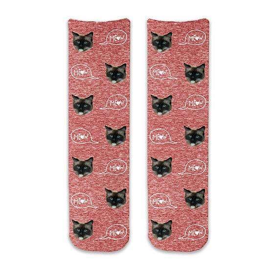 Cute cotton crew socks with a red granular printed background personalized with your photo face cropped into the design and printed on socks.