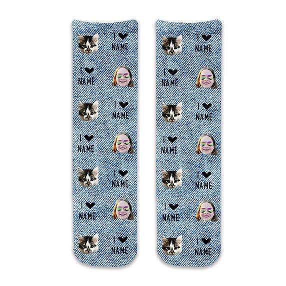 Cute blue denim background design custom printed on cotton crew socks and personalized using your own photo cropped into the design with I heart name in repeating pattern digitally printed on cotton crew socks makes a great gift.