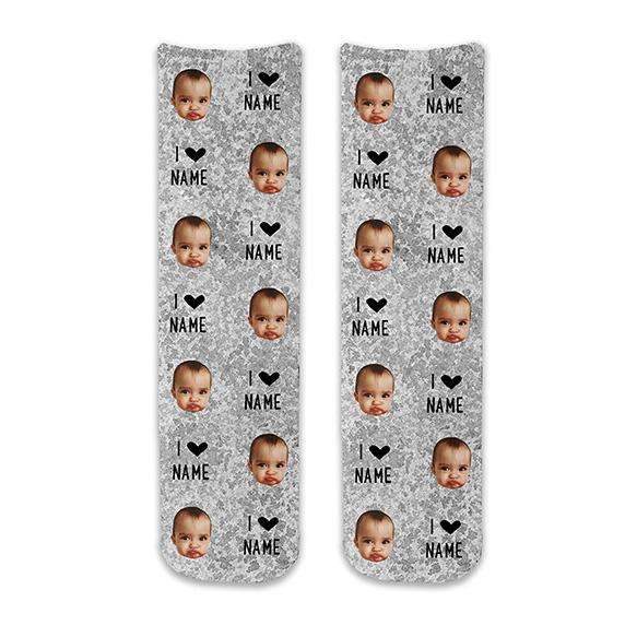 Cute custom face socks personalized using your own photo face cropped into the design and printed in repeating pattern on a light gray speckle background is the perfect gift for any occasion.