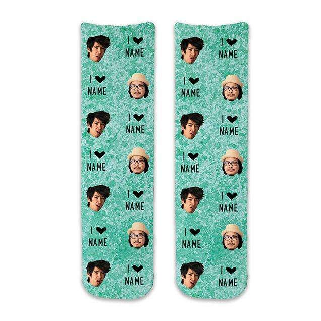 Cute custom printed unisex adult crew socks personalized using your own photo face cropped into the design and printed on teal speckle background.