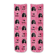 Super soft and comfy cotton crew socks custom printed with pink speckle background design and personalized using your photo face cropped into the design printed all over in a full print these socks make a great gift.