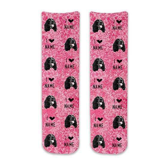 Super soft and comfy cotton crew socks custom printed with pink speckle background design and personalized using your photo face cropped into the design printed all over in a full print these socks make a great gift.