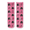 Super soft and comfy cotton crew socks custom printed with pink speckle background design and personalized using your photo face cropped into the design printed all over in a full print these socks make a great gift.