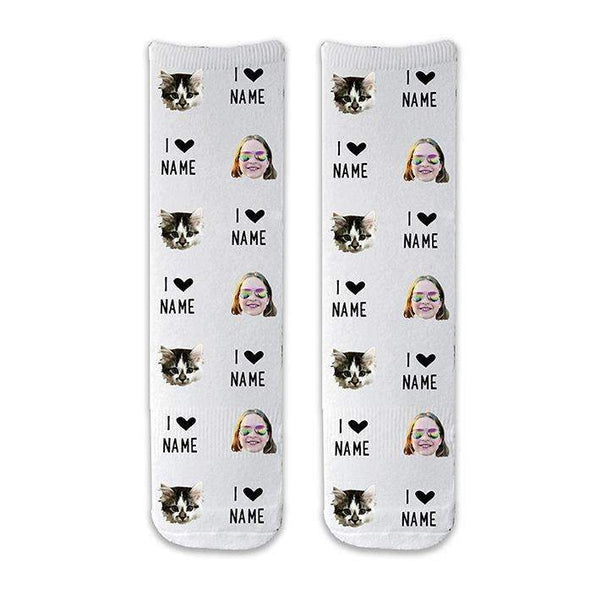 Custom printed adult crew socks personalized with your photo face cropped into the design and printed all over the socks make a unique gift.