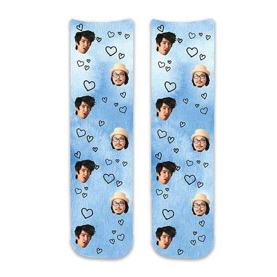 Cute heart design personalized with your own photo face cropped into the design and digitally printed with a blue wash background digitally printed on knee high cotton crew socks.