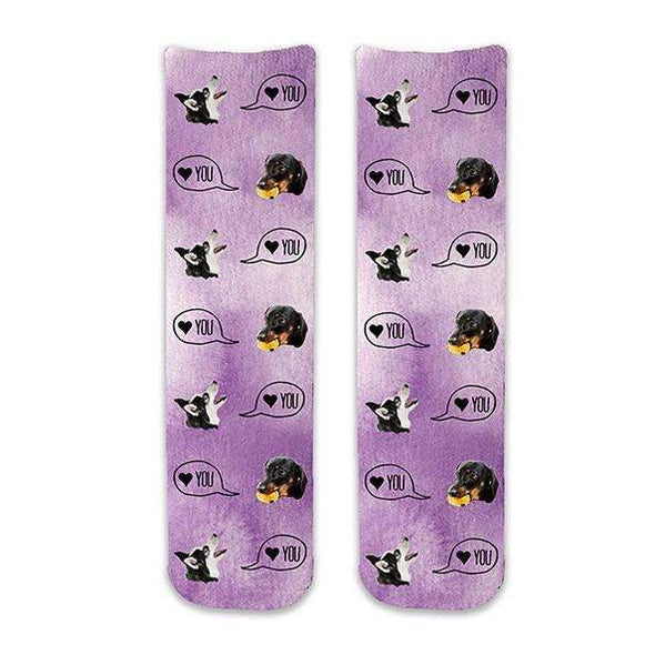 Custom printed unisex adult crew socks digitally printed with all over purple wash and your own photo faces cropped into the design printed on cotton crew socks.