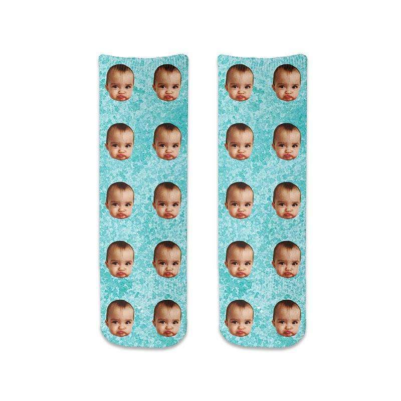 Custom printed photo face socks personalized using your own photos we crop the image and digitally print in repeat design on a background of your choice printed in ink on cotton crew socks.