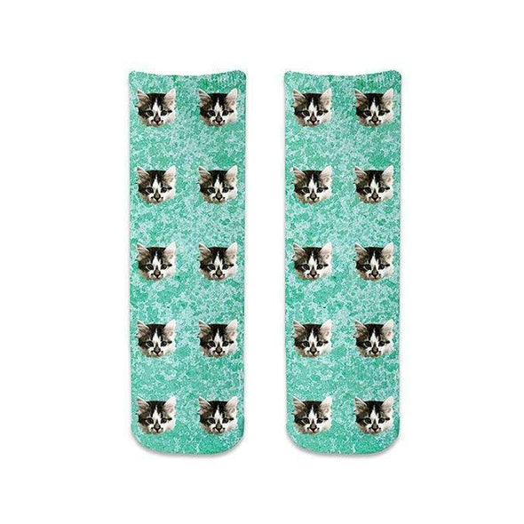 Super cute cat photo face socks using your own photo we crop the image into the design and print with the background you selected on cotton crew socks.