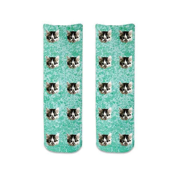 Super cute cat photo face socks using your own photo we crop the image into the design and print with the background you selected on cotton crew socks.