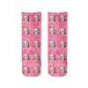 Unique custom face socks personalized using your own photo we crop the face and print on the background you select.  These custom crew socks printed with your own photo face on pink wash background is the perfect pair to wear in support of breast cancer awareness!
