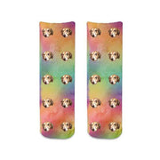 Super cute rainbow wash background custom printed and personalized using your own photo face cropped into the design and digitally printed on cotton crew socks.