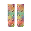 Super cute rainbow wash background custom printed and personalized using your own photo face cropped into the design and digitally printed on cotton crew socks.