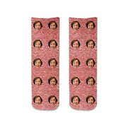 Funny photo face socks custom printed with red granular background on cotton crew socks are the perfect Christmas gift!