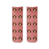 Funny photo face socks custom printed with red granular background on cotton crew socks are the perfect Christmas gift!