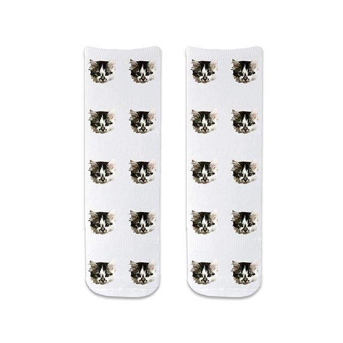 Custom printed photo face socks personalized using your own photos we crop the image and digitally print in repeat design on a background of your choice printed in ink on cotton crew socks.
