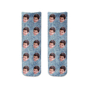 Custom printed photo face socks personalized using your own photos we crop the image and digitally print in repeat design on a background of your choice printed in ink on cotton crew socks.