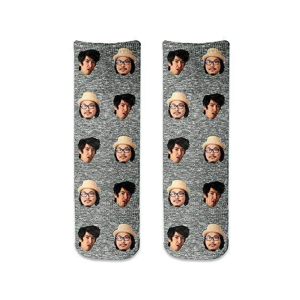 Fun photo face socks personalized using your own photo faces we crop the photo into the design using your background selection we digitally print on cotton crew socks.